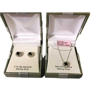 Sterling Silver Blue Sapphire & Diamond Necklace & Earrings Sept Birthstone DH1